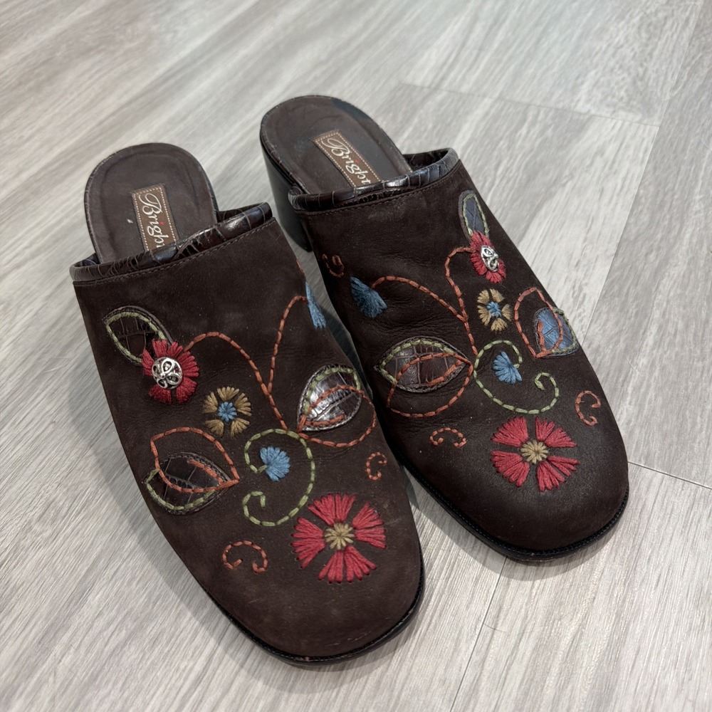 Vintage Brighton Fiona Brown Seude Mules Floral Embroidery Size 10M